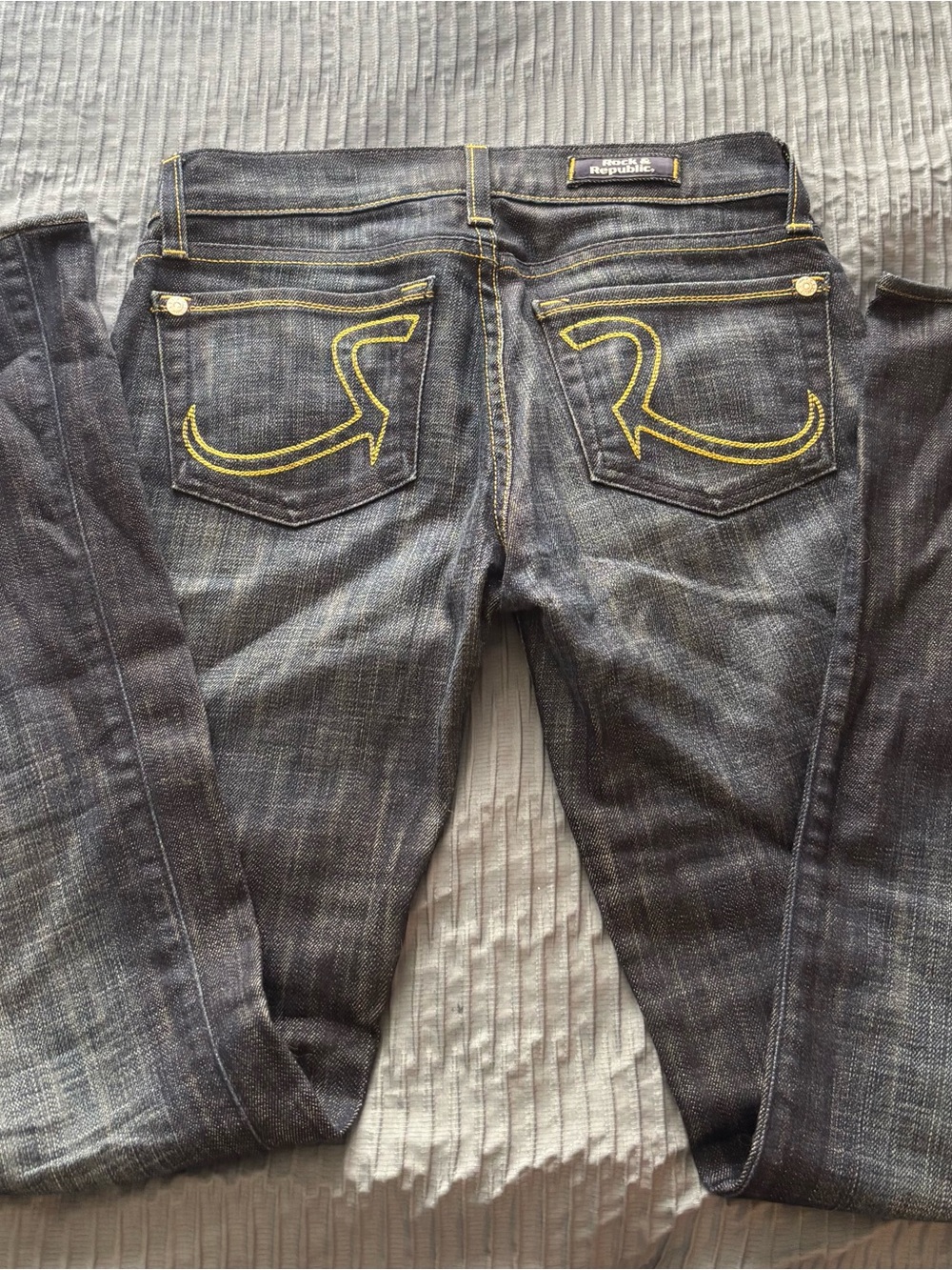 Rock & Republic Dark Wash Boot Cut Jeans with Gold Stitching